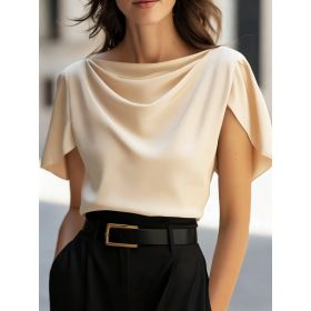 Scoop-neck Draping Short-sleeve Top Casual Shirt For Women (Option: Apricot-XXL)