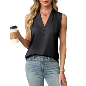 Womens Satin Button V-Neck Sleeveless Top (Option: Black-L)