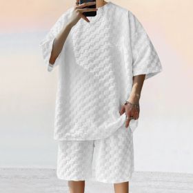Jacquard Plaid Loose Straight Casual Shorts Suit (Option: White-XXXL)