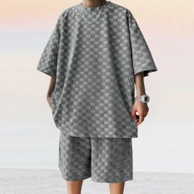 Jacquard Plaid Loose Straight Casual Shorts Suit (Option: Dark Gray-XXXL)