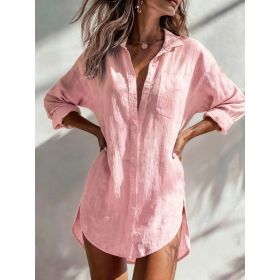 Loose-fitting Womens Solid-color Lapel Shirt (Option: Pink-3XL)
