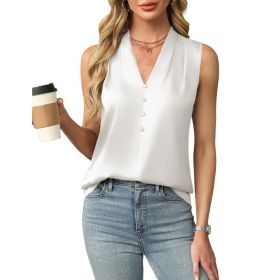 Womens Satin Button V-Neck Sleeveless Top (Option: White-L)