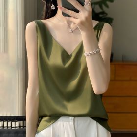 Sling Vest Inner Match Satin Silky Base Loose Sleeveless Top (Option: Avocado Color-XXXL)