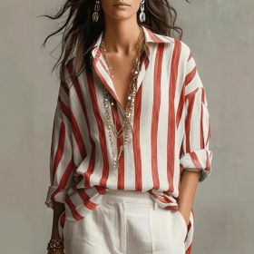 Striped Lapel Collar Loose-Fit Stylish Pullover Womens Blouse (Option: Red-3XL)